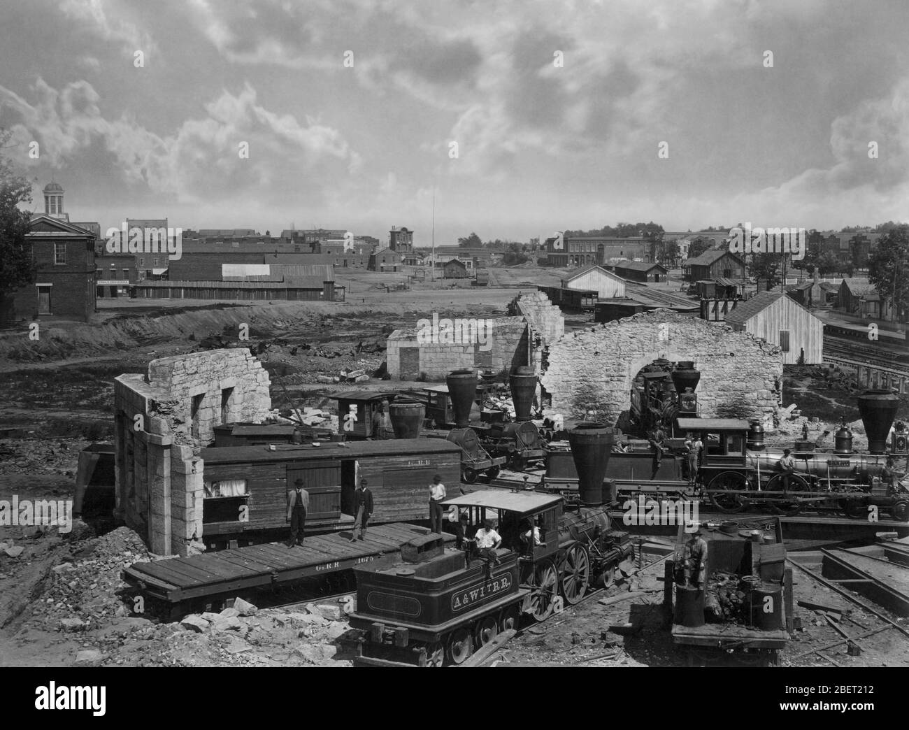 The ruins of Atlanta city's railroad roundhouse just after the American Civil War. Stock Photo