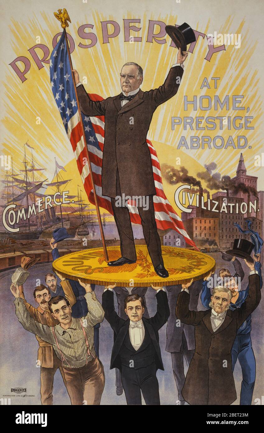 Vintage artwork of William McKinley balanced on a gold sovereign supported by a number of men. Stock Photo
