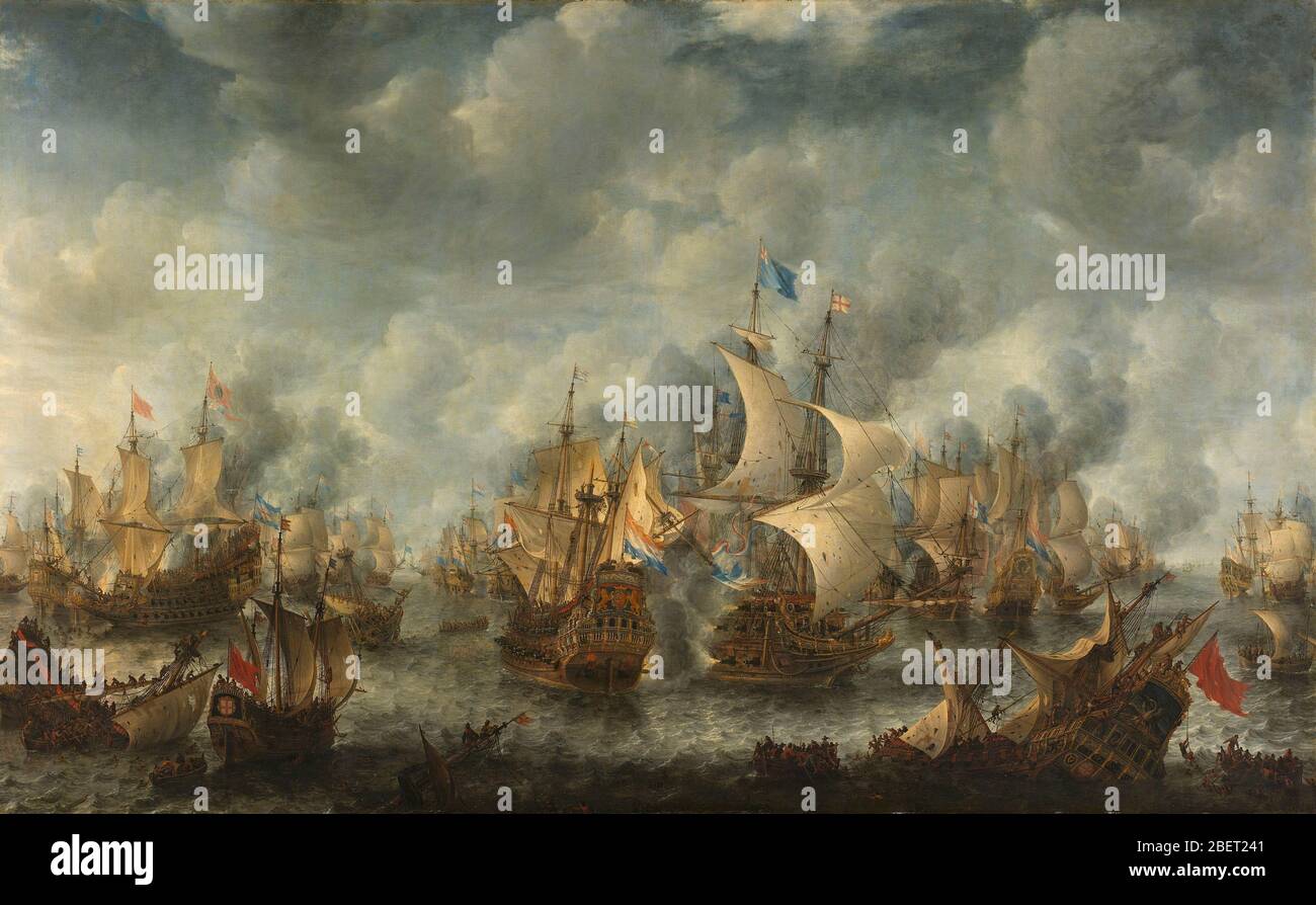 Oil painting of The Battle of Ter Heijde naval battle during the First Anglo-Dutch War. Stock Photo