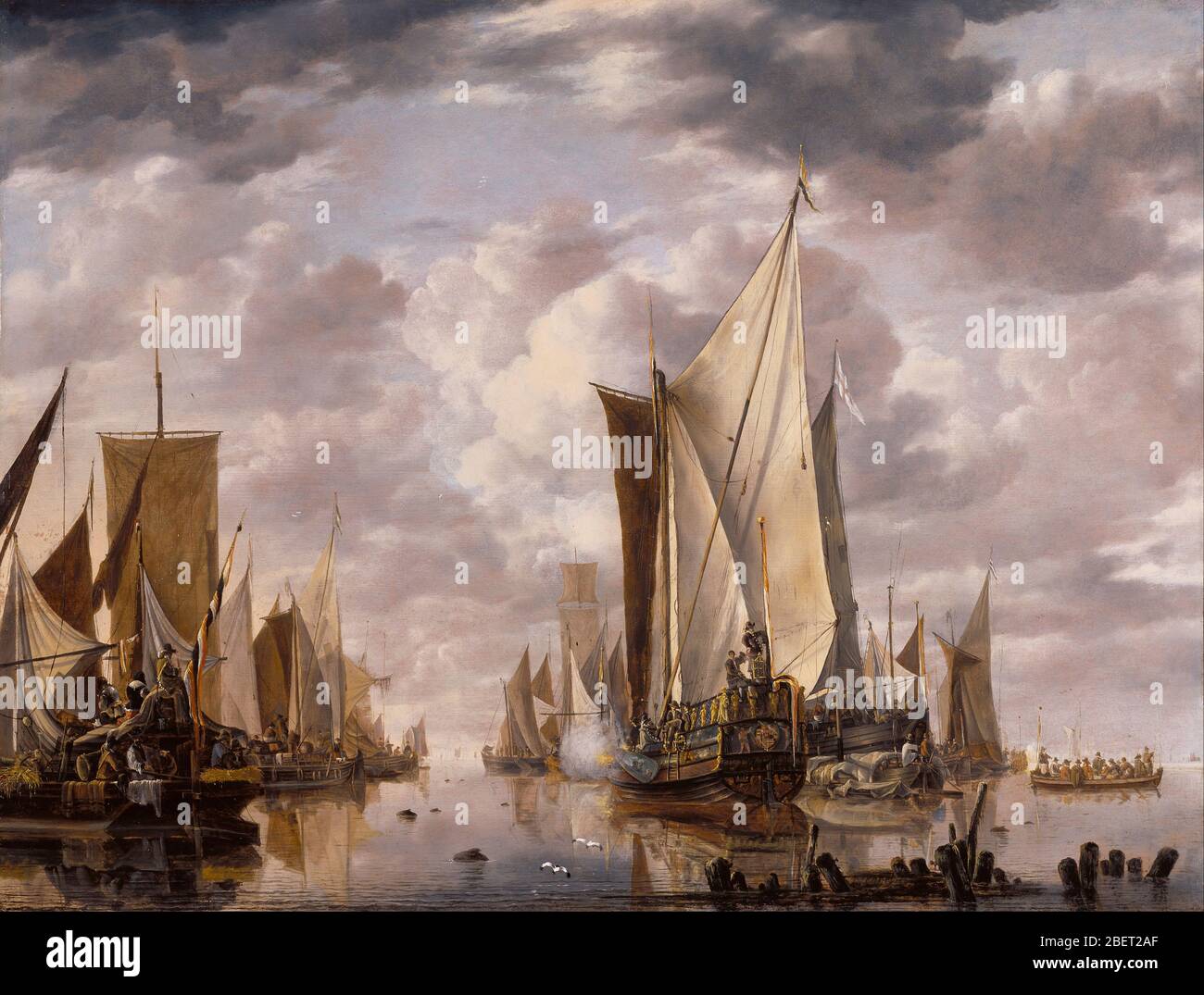 17th century oil painting of Dutch East India Company grand ships at the Dutch port of Flushing. Stock Photo