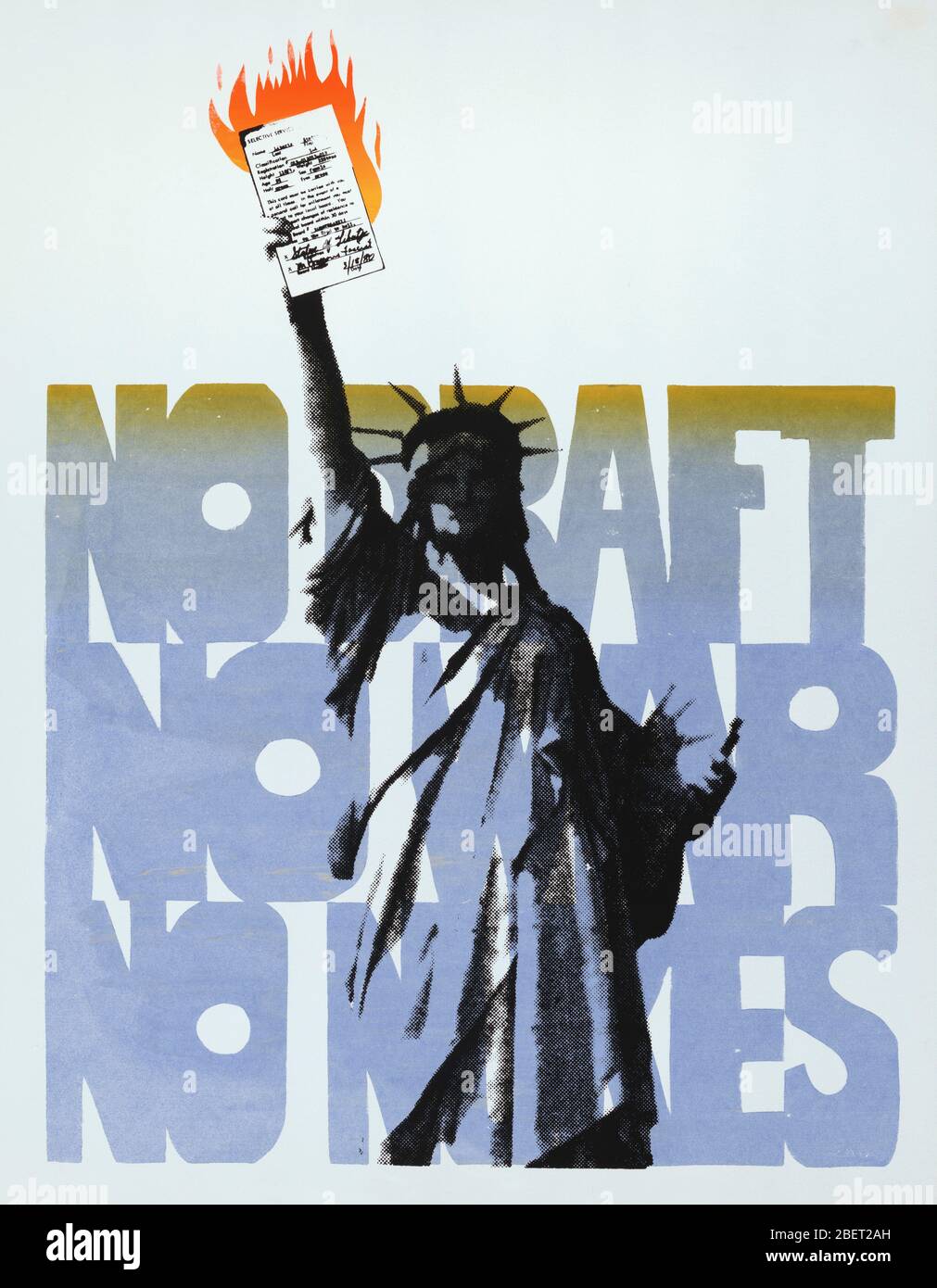 U.S. history print of the Statue of Liberty holding up a burning draft card instead of her torch. Stock Photo