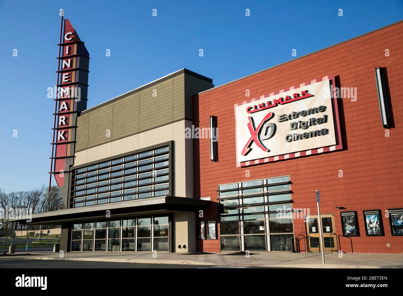 A logo sign outside of a Cinemark movie theater location in Newark