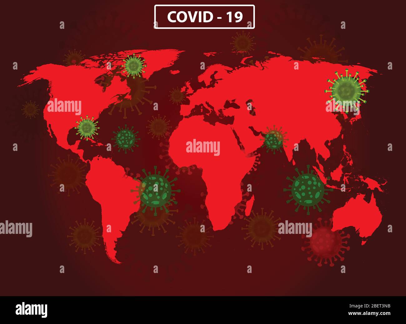 World map with covid-19 virus concept. Coronavirus is spread to all over the earth and infected to all countries. Vector illustration of red map desig Stock Vector