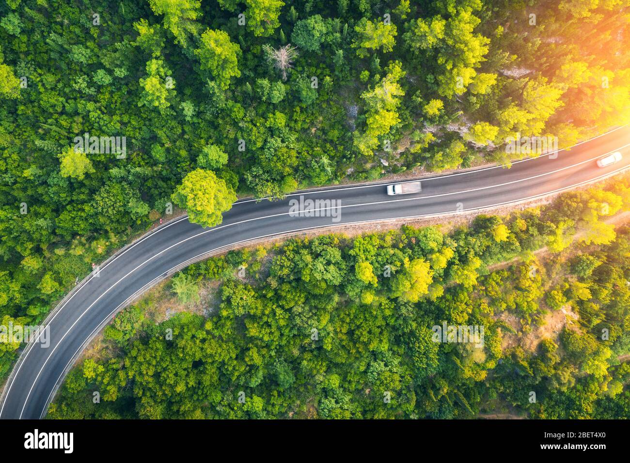Aerial view of road in beautiful green forest at sunset in spring Stock ...