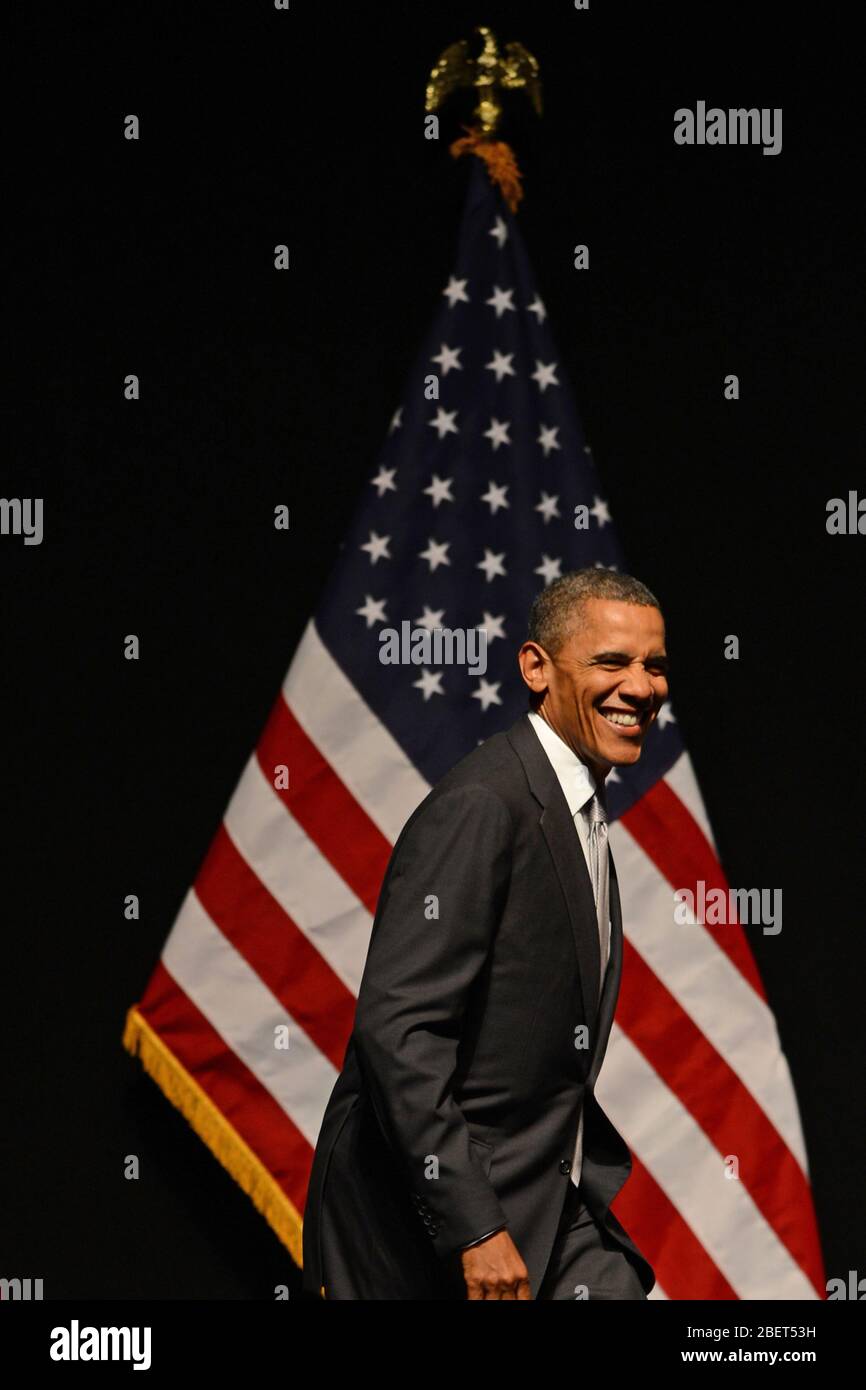 MIAMI BEACH, FL - JUNE 26: US President Barack Obama speaks during a fundraiser hosted by Marc Anthony at the Fillmore Miami Beach on June 16, 2012 in Stock Photo