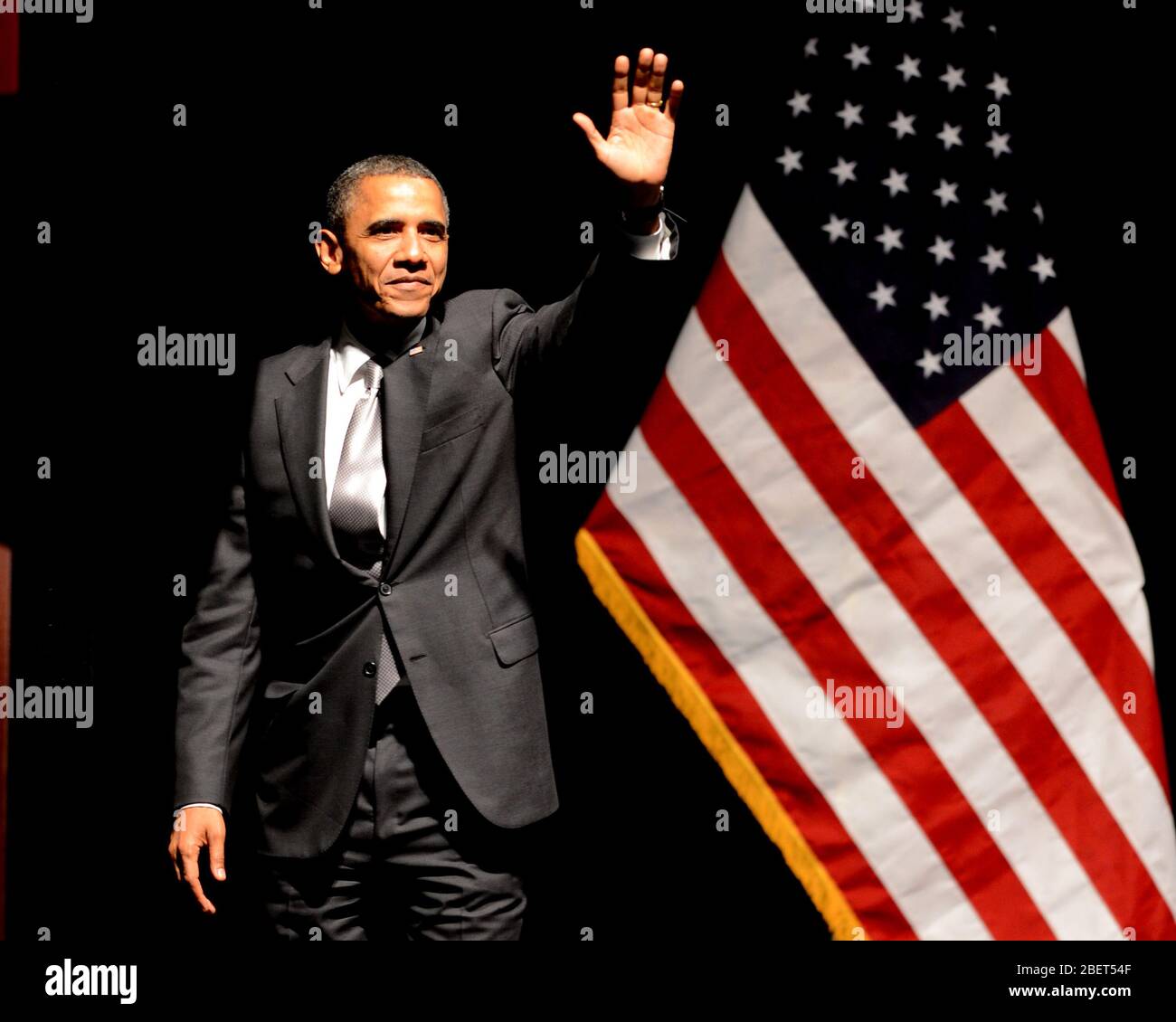 MIAMI BEACH, FL - JUNE 26: US President Barack Obama speaks during a fundraiser hosted by Marc Anthony at the Fillmore Miami Beach on June 16, 2012 in Stock Photo
