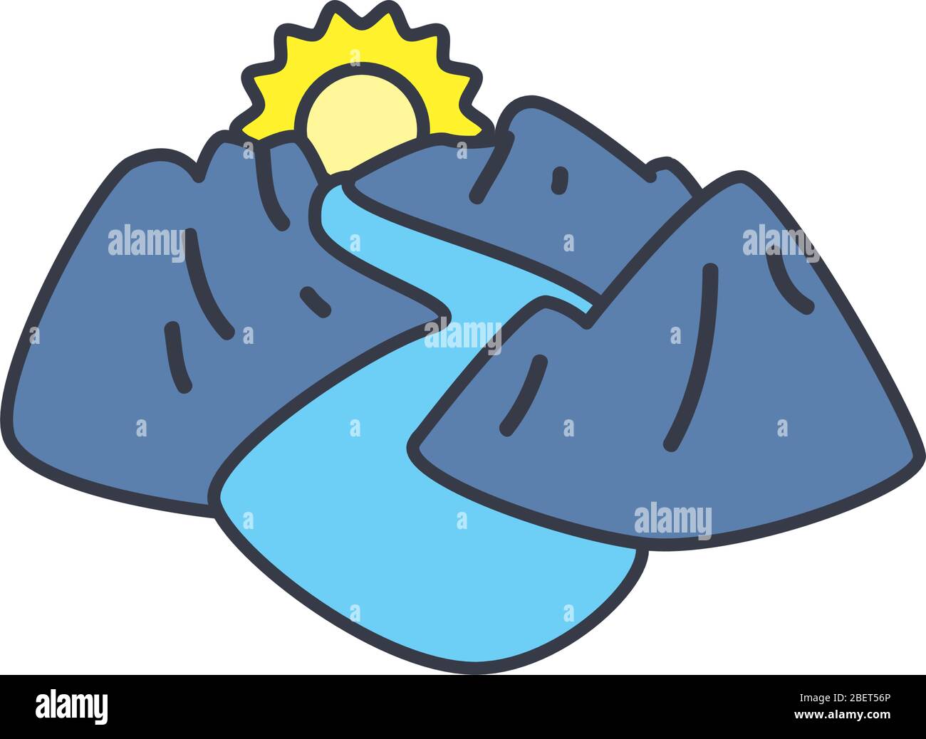 river, mountains and sun icon over white background, fill style, vector ...