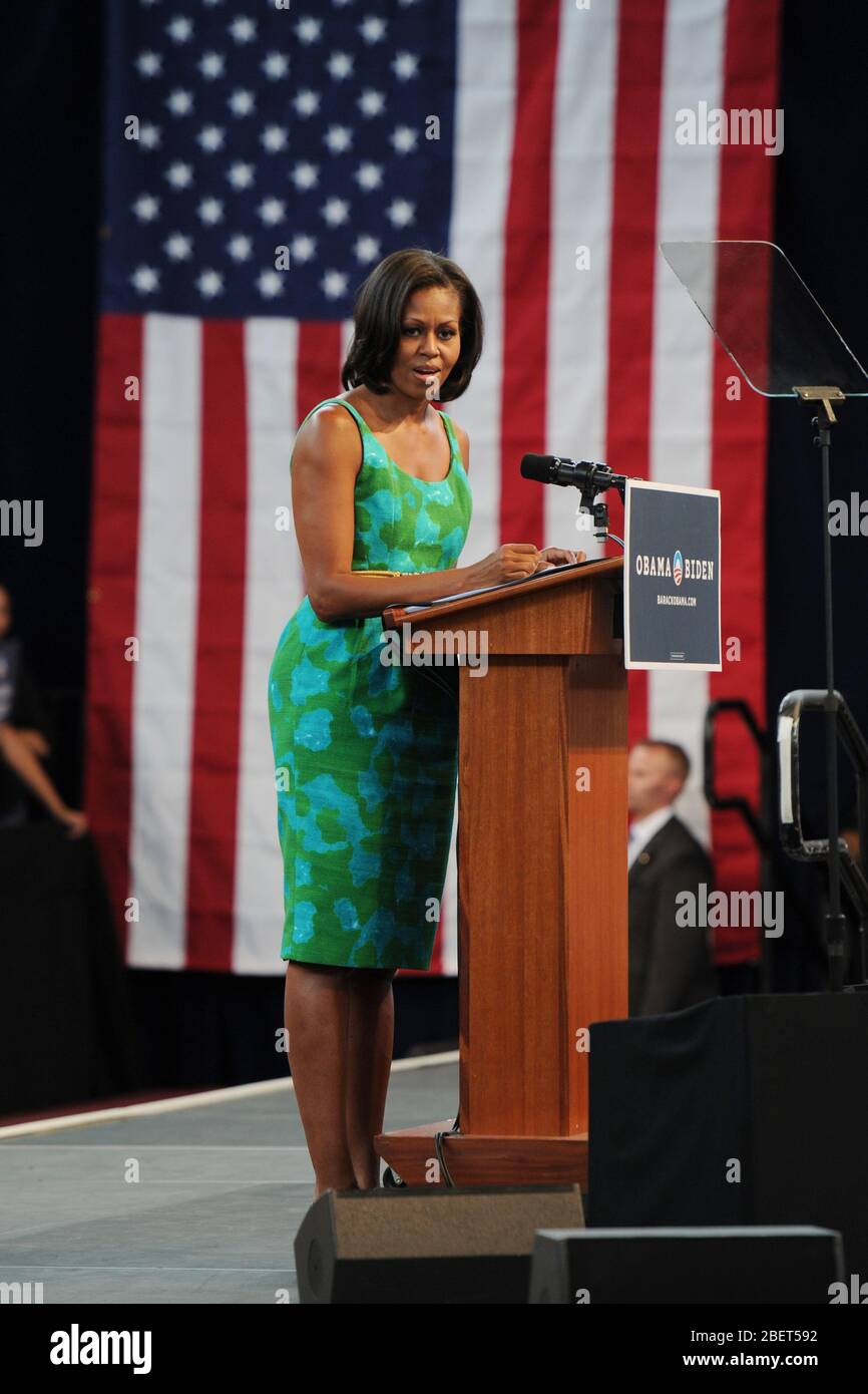 MIAMI LAKES, FL - JULY 10:  First lady Michelle Obama speaks to supporters and volunteers at the Barbara Goleman High School on July 10, 2012 in Miami Stock Photo