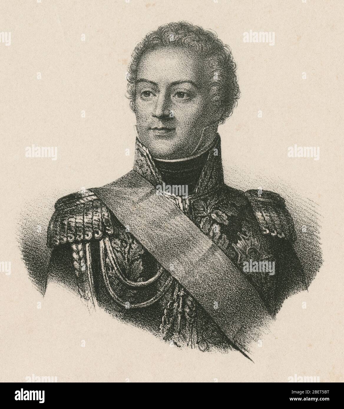 Antique engraving, Louis-Alexandre Berthier. Louis-Alexandre Berthier (1753-1815), 1st Prince of Wagram, Sovereign Prince of Neuchâtel, was a French Marshal and Vice-Constable of the Empire, and chief of staff under Napoleon. SOURCE: ORIGINAL ENGRAVING Stock Photo