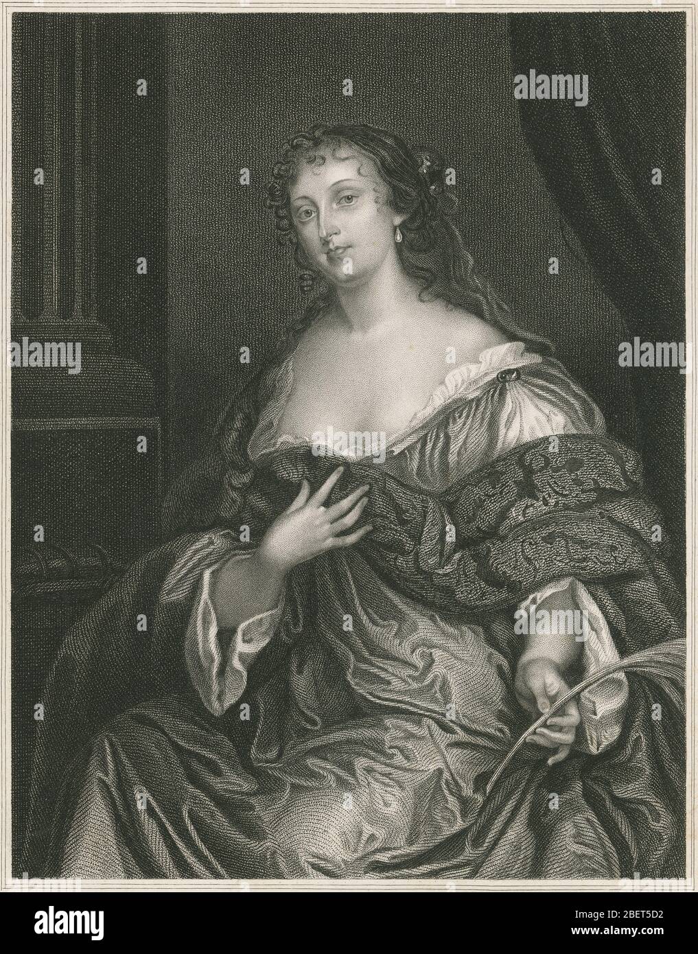 Antique engraving, Elizabeth, Countess de Gramont. Elizabeth, comtesse de Gramont (1641-1708), was an Irish-born beauty and courtier. She was known as 'la belle Hamilton' and was one of the Windsor Beauties. SOURCE: ORIGINAL ENGRAVING Stock Photo