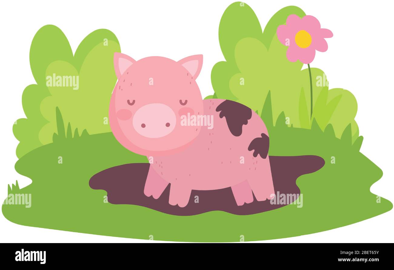 pig in mud flower in grass bush farm animal cartoon isolated icon on white background vector illustration Stock Vector