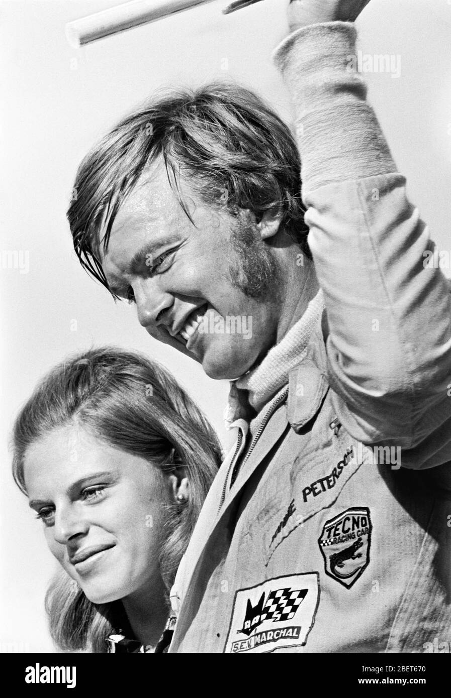 Ronnie Peterson standing on the podium after winning Formula 3 race in Karlskoga Stock Photo