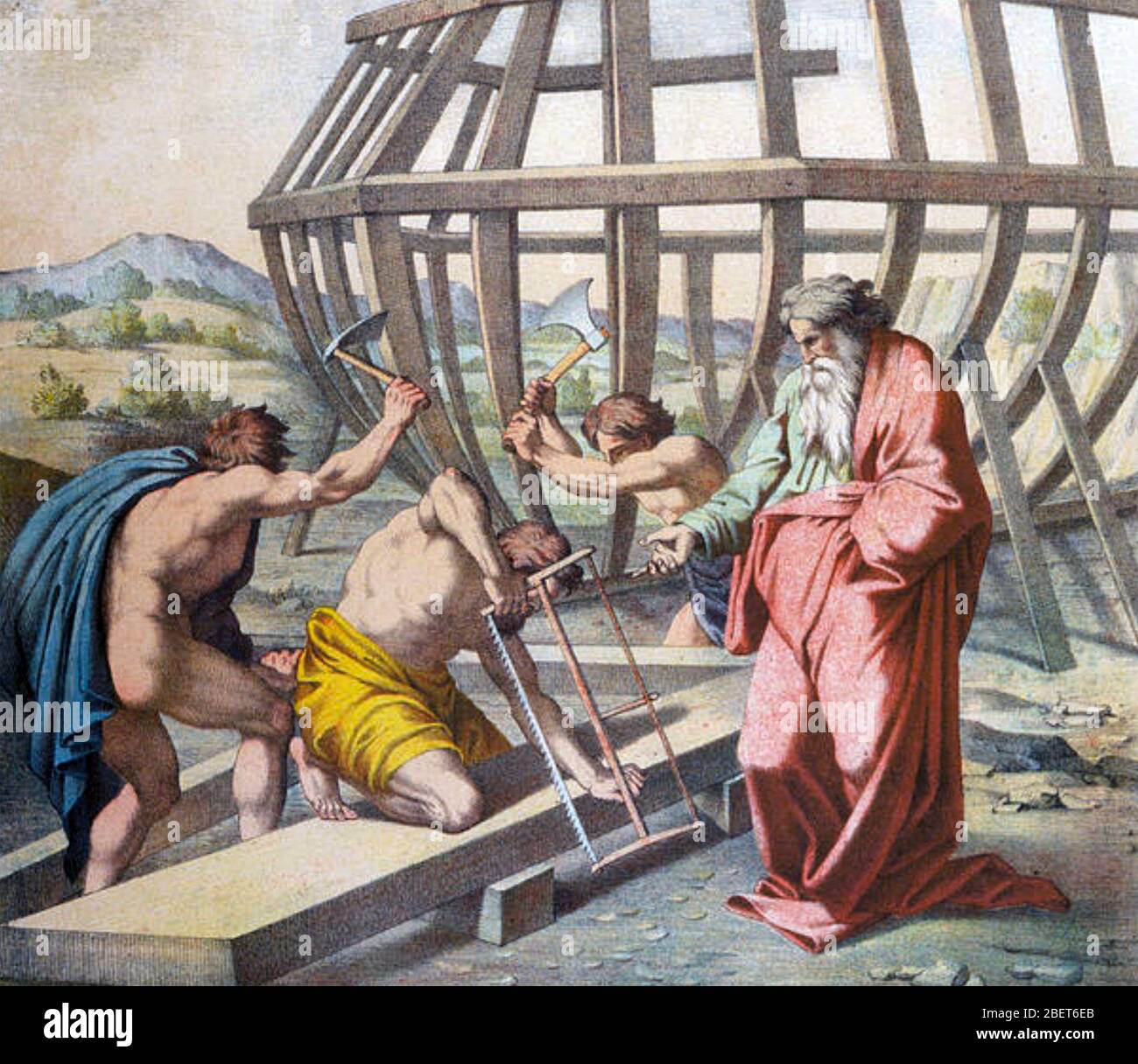 NOAH supervises the building of the Ark - with little regard to safety Stock Photo