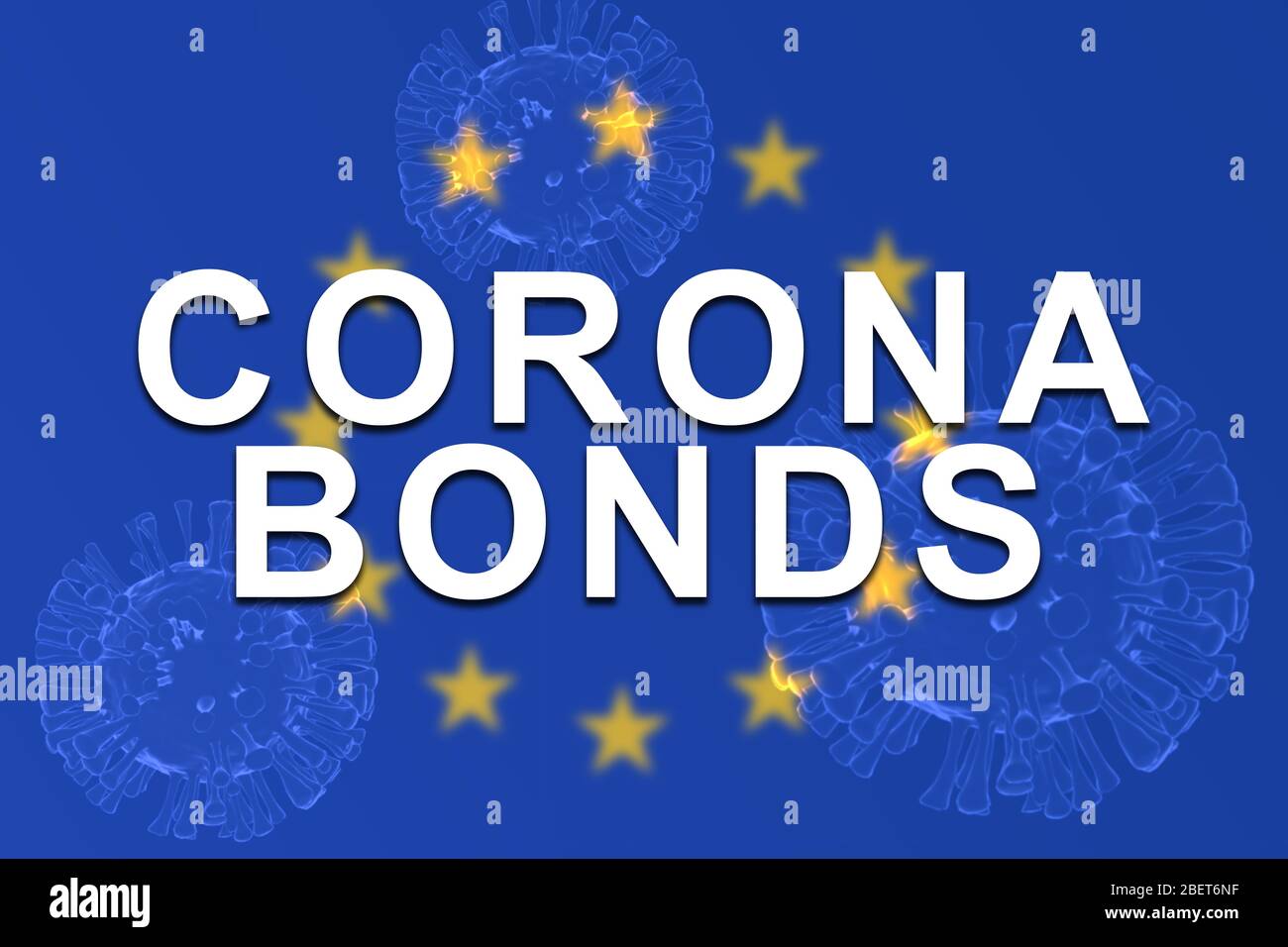 Corona Bonds on EU or European Union flag with 3d rendered illustration of virus as background. Stock Photo