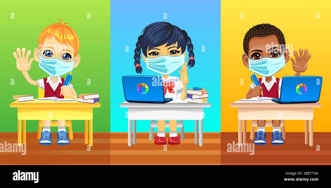 European, asian and african schoolkids in protective masks and school uniforms sitting at school desk during coronavirus COVID-19 quarantine Stock Vector