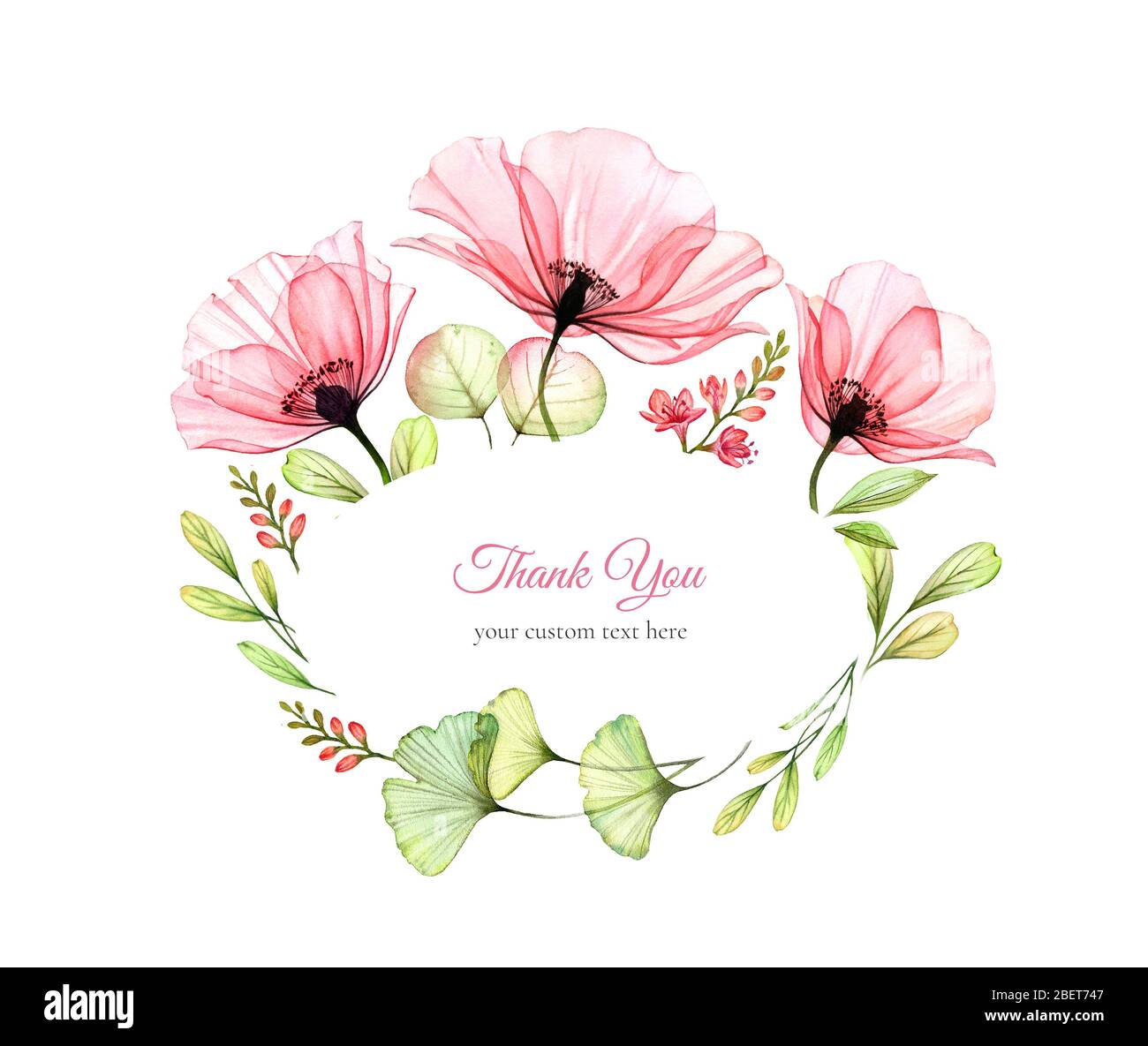 Watercolor floral arrangement. Bouquet with big field flowers, poppy, leaves. Oval frame. Thank you Card template with place for text Stock Photo