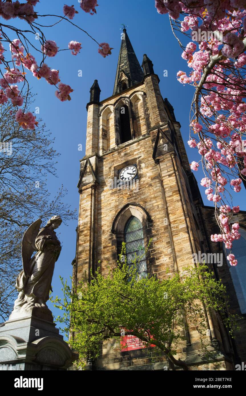 UK,South Yorkshire,Elsecar,Holy Trinity Parish Church in Spring with Cherry Blossom in full bloom Stock Photo