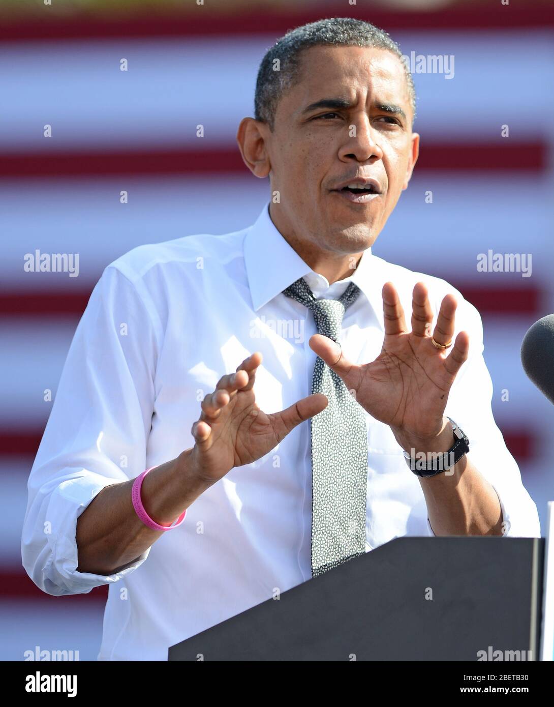 DELRAY BEACH FL- OCTOBER 23:  US President Barack Obama speaks during a Grassroots campaign event at Delray Beach Tennis Center on October 23, 2012 in Stock Photo