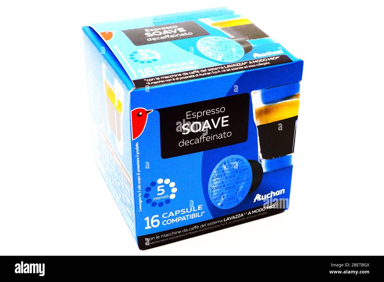 SOAVE Espresso Decaffeinated coffee capsules sold by AUCHAN Supermarket  chain Stock Photo - Alamy