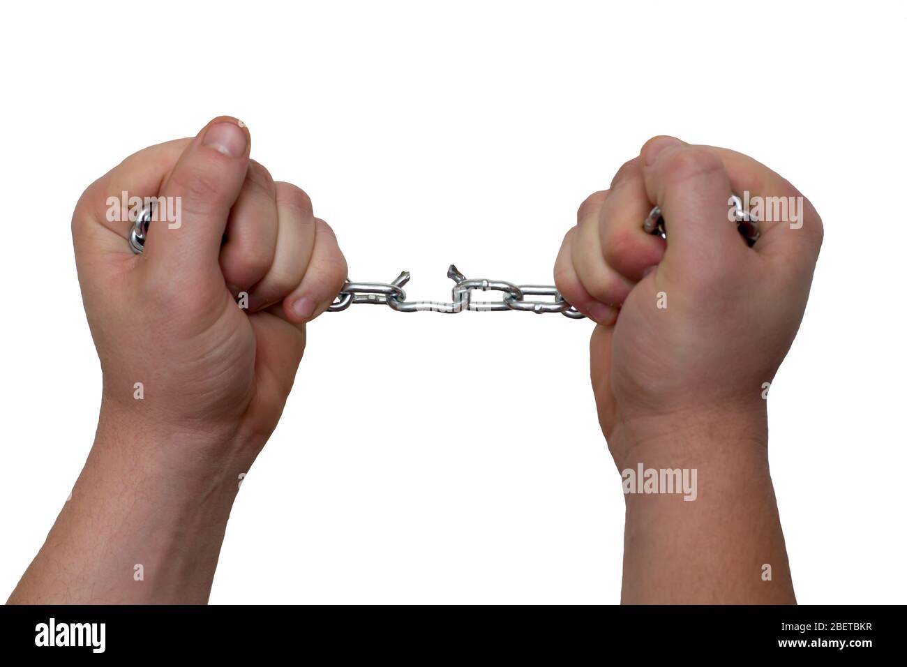 Photo of hands holding a broken mettalic chain isolated on a white