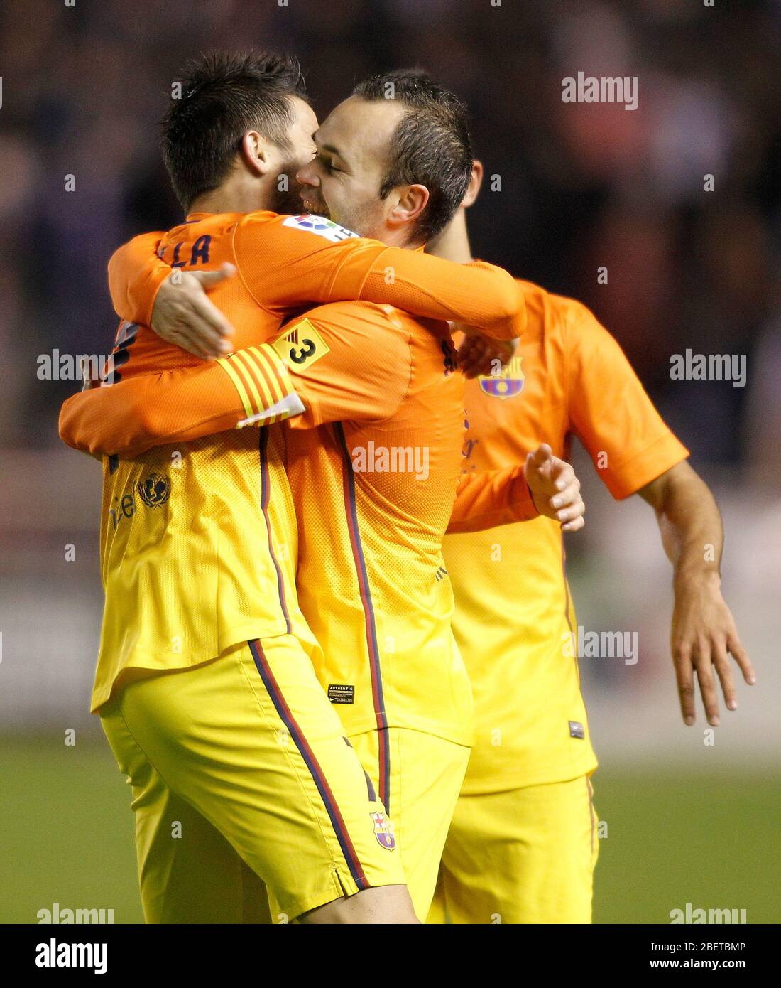 FC Barcelona's David Villa, Andres Iniesta and Martin Montoya celebrate goal during Spanish King's Cup match.October 30,2012. (ALTERPHOTOS/Acero) /Nor Stock Photo
