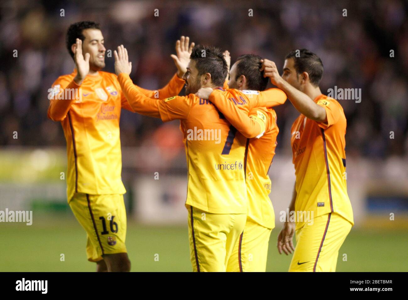 FC Barcelona's Sergio Busquets, David Villa, Andres Iniesta and Martin Montoya celebrate goal during Spanish King's Cup match.October 30,2012. (ALTERP Stock Photo