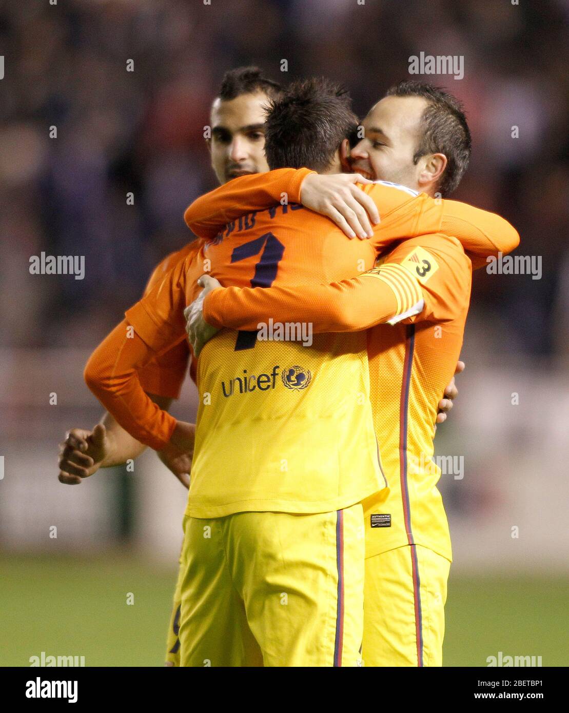 FC Barcelona's David Villa, Andres Iniesta and Martin Montoya celebrate goal during Spanish King's Cup match.October 30,2012. (ALTERPHOTOS/Acero) /Nor Stock Photo