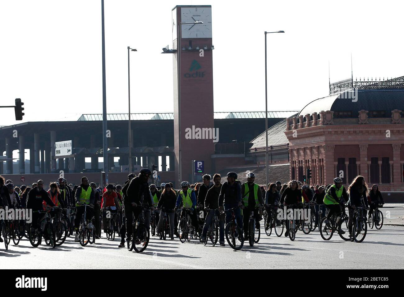European General Strike.Protesters and trade unionists through the streets of Madrid in bicycle during the strike in Spain.November 14,2012. (ALTERPHO Stock Photo