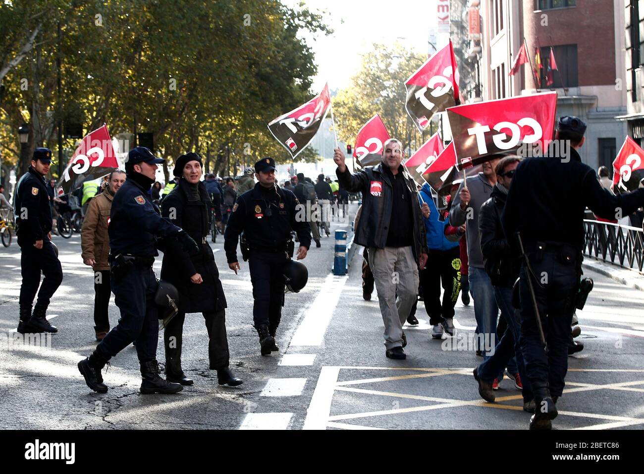 European General Strike.Protesters and trade unionists through the streets of Madrid during the strike in Spain.November 14,2012. (ALTERPHOTOS/Carlos Stock Photo