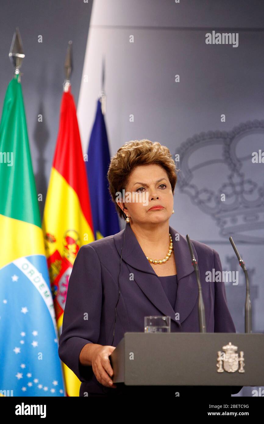 Spain's Prime Minister Mariano Rajoy and Brazil's President Dilma Rousseff during an official visit and press conference at La Moncloa palace. Novembe Stock Photo
