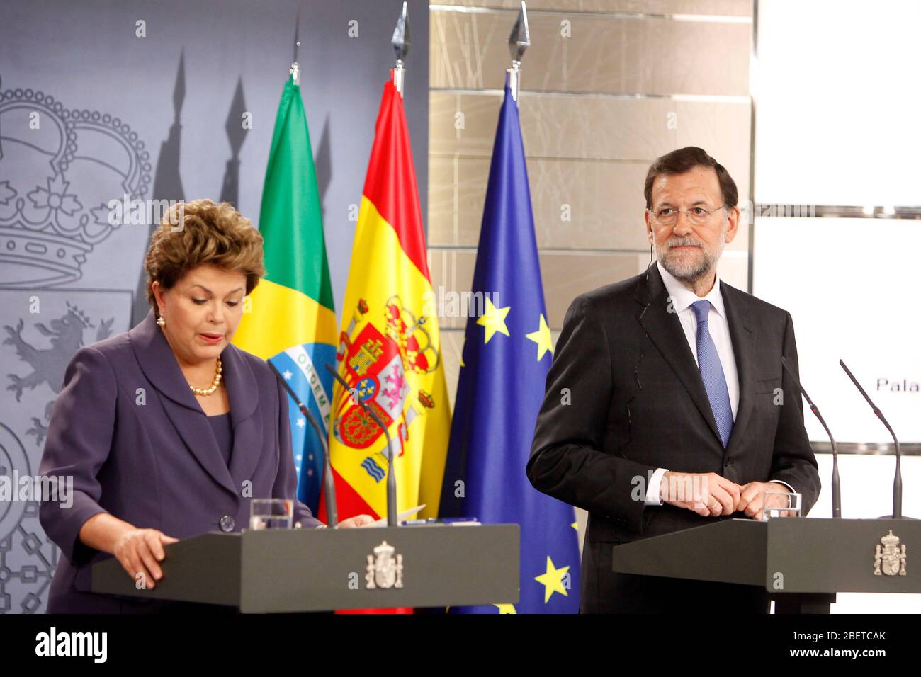 Spain's Prime Minister Mariano Rajoy and Brazil's President Dilma Rousseff during an official visit and press conference at La Moncloa palace. Novembe Stock Photo