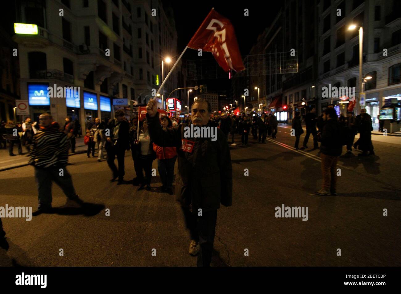 European General Strike.Protesters and trade unionists through the streets of Madrid in the early hours of the strike in Spain.November 14,2012. (ALTE Stock Photo