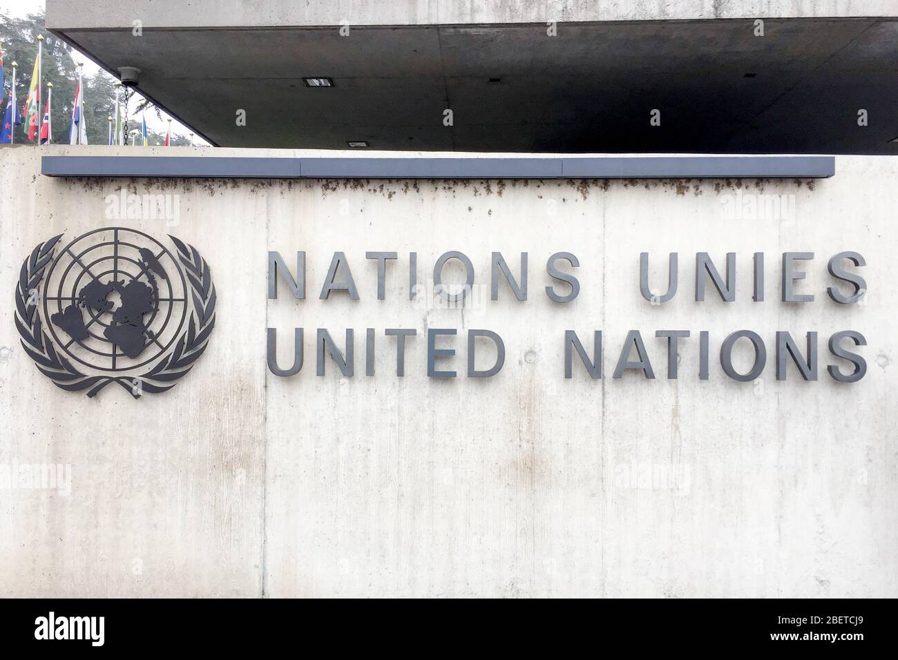 United Nations in Geneva entrance sign wall Stock Photo