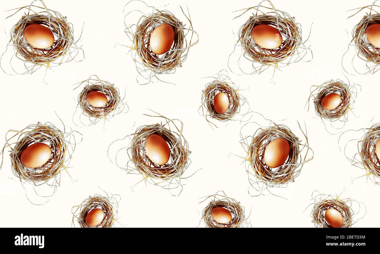 Creative Easter background. Pattern with colored eggs. Easter concept. Top view. Stock Photo