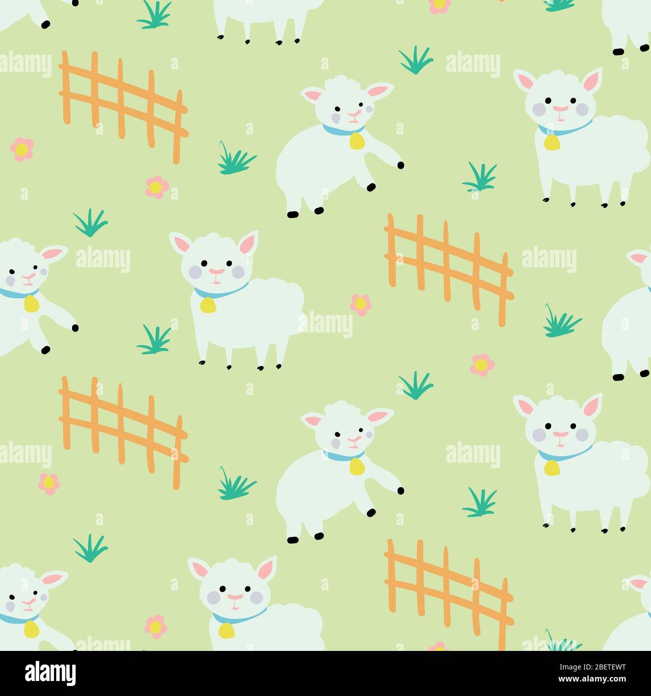 cute happy sheeps on green seamless vector pattern Stock Vector