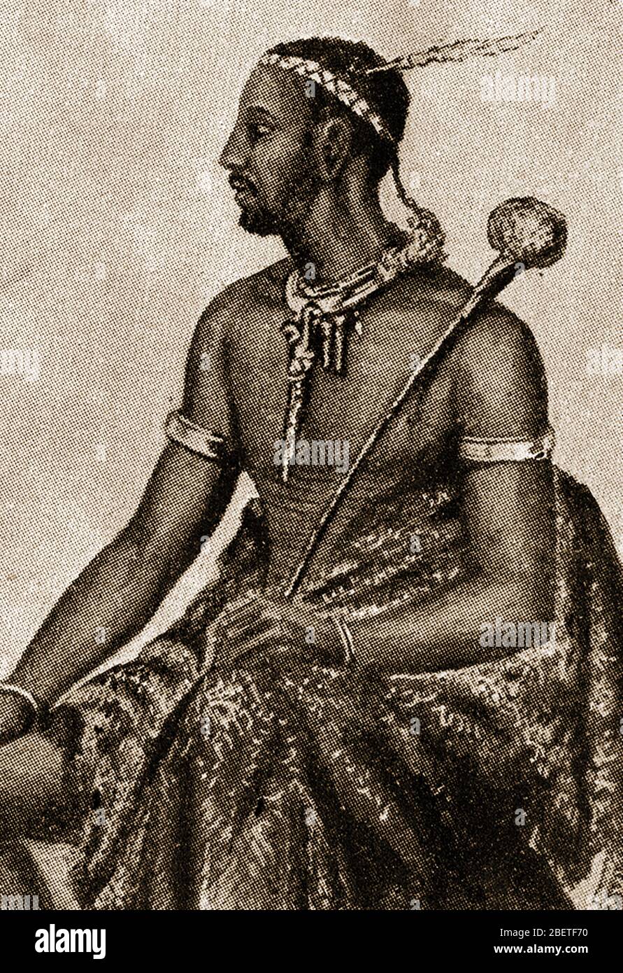 King Moshesh (Moshoeshoe) of Basutoland (1786-1870) as a young man in tribal dress. He was also known as  Mshweshwe, Moshweshwe, or Moshesh, and had the original tribal names of Lepoqo and  Letlama. He  became a strong leader and is best known for uniting the various small tribes  to form the Sotho  nation - (present-day Lesotho). Stock Photo