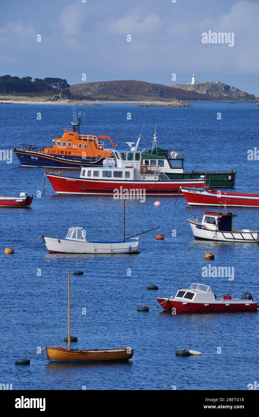 Boats at anchor in St Marys harbour,Isles of Scilly Stock Photo