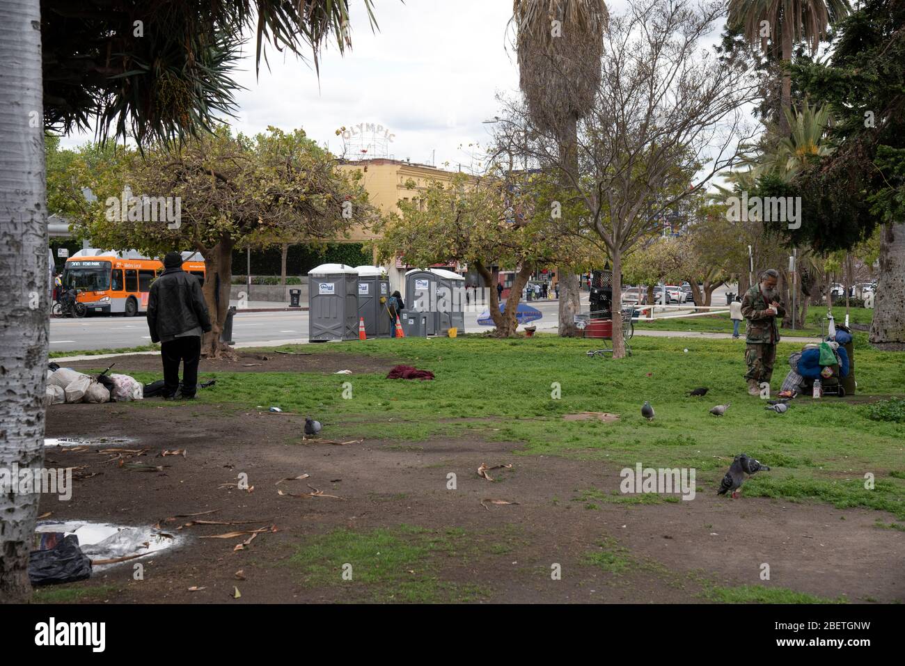 Los Angeles, CA/USA April 9, 2020 Portable toilets and hand washing