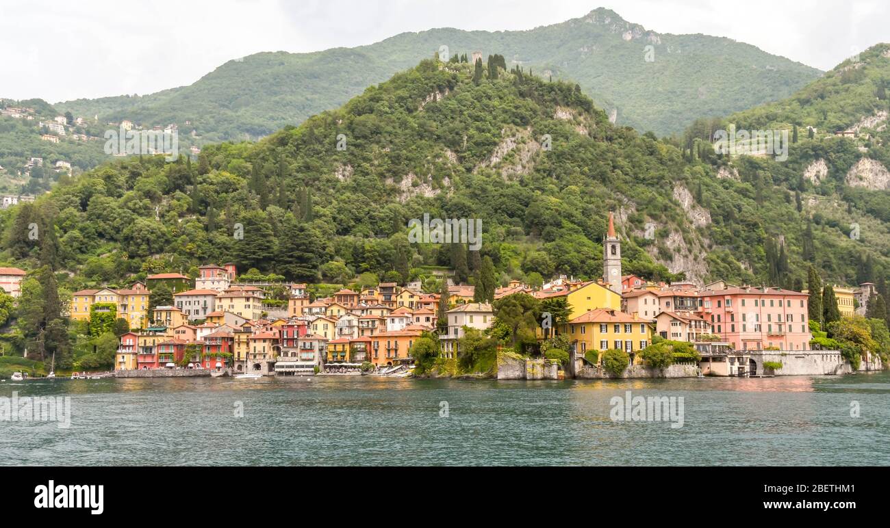 VARENNA, LAKE COMO, ITALY - JUNE 2019: Panoramic view of the lakefront in Varenna on Lake Como, Italy. Stock Photo