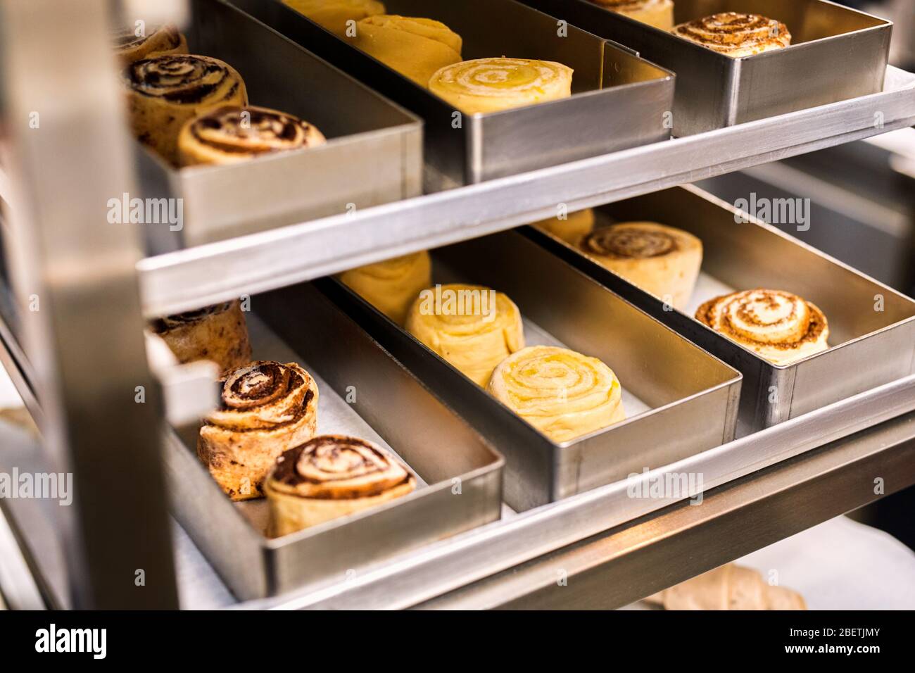 Small Business. Bakery shop production cinnamon rolls isolated on tray  close-up Stock Photo - Alamy