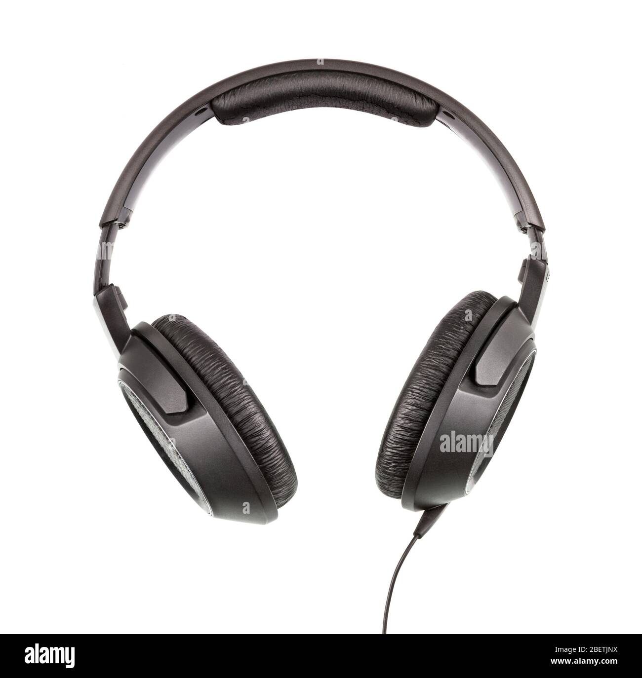 Headphones Isolated on White Background. Black High-quality headphone close up photo. Stock Photo