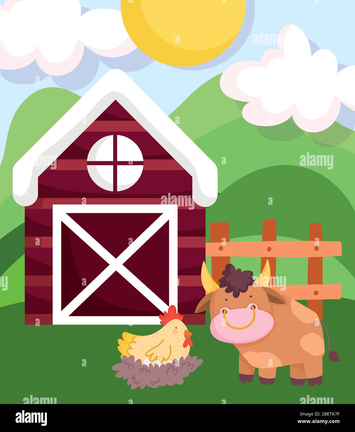 farm animals bull hen in nest wooden fence barn cartoon vector ...