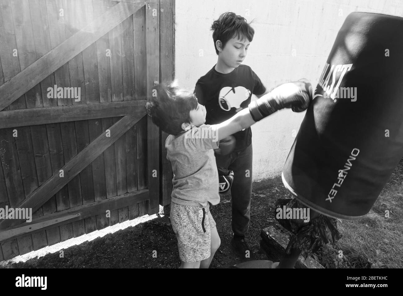 Young brothers wearing boxing gloves punch a punching bag in the garden for exercise. Stock Photo