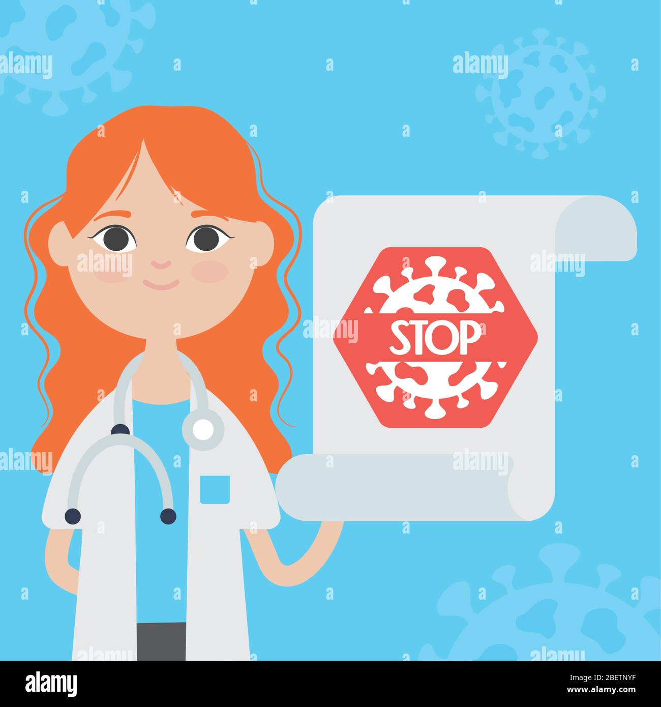 cartoon doctor woman and stop sign with covid 19 symbol over blue  background, colorful design, vector illustration Stock Vector Image & Art -  Alamy
