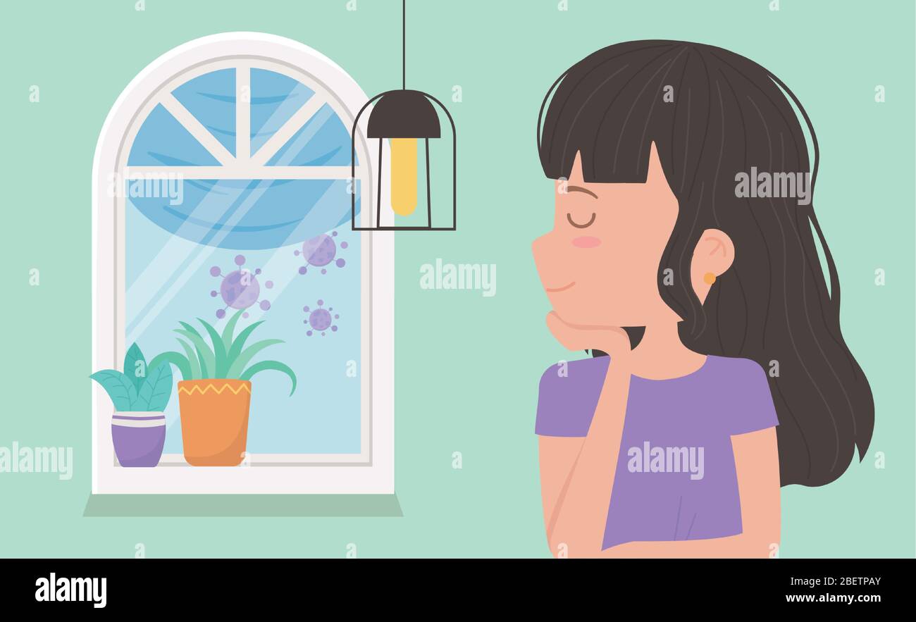stay at home quarantine, woman in room with window lamp and potted ...