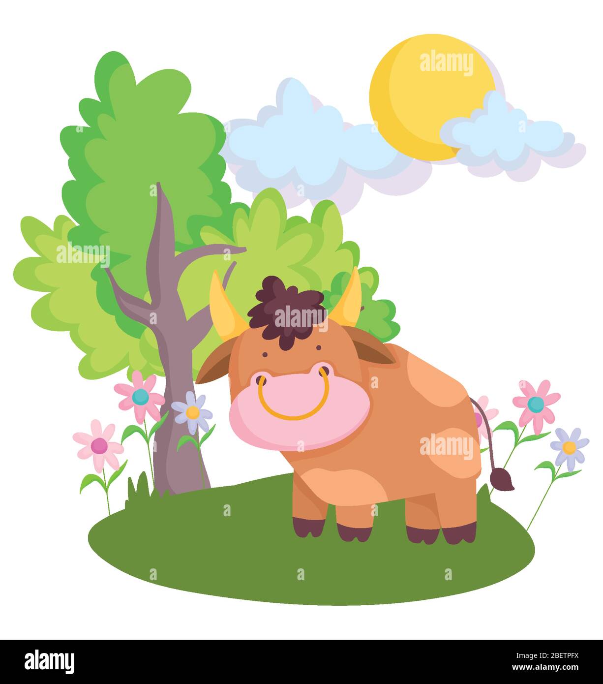 farm animals bull in the grass with flowers tree cartoon vector ...