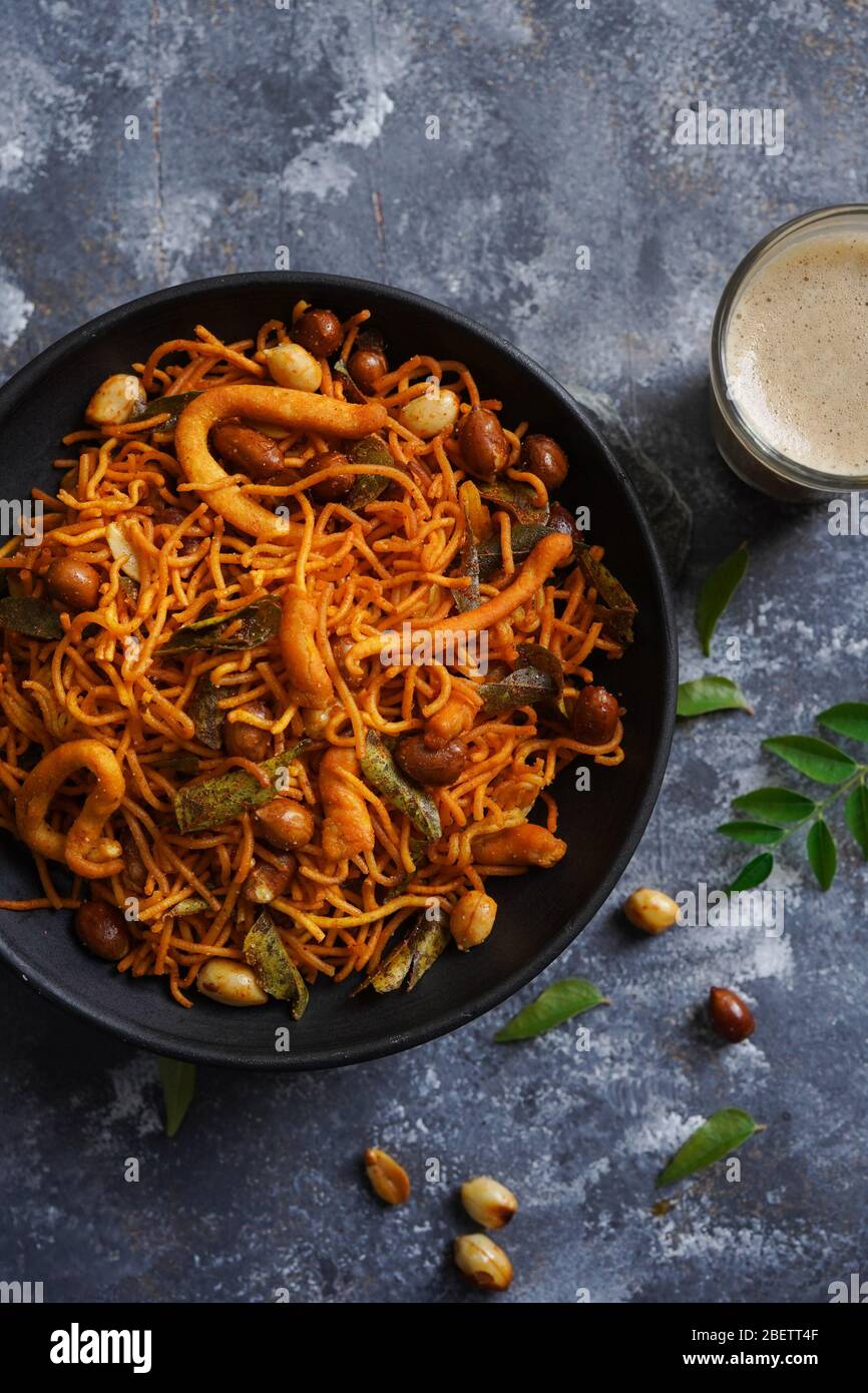 Homemade Spicy Kerala Mixture / Snack Mix with chickpea flour, top view