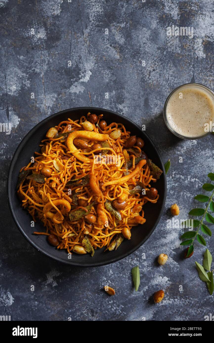 Homemade Spicy Kerala Mixture / Snack Mix with chickpea flour, top view