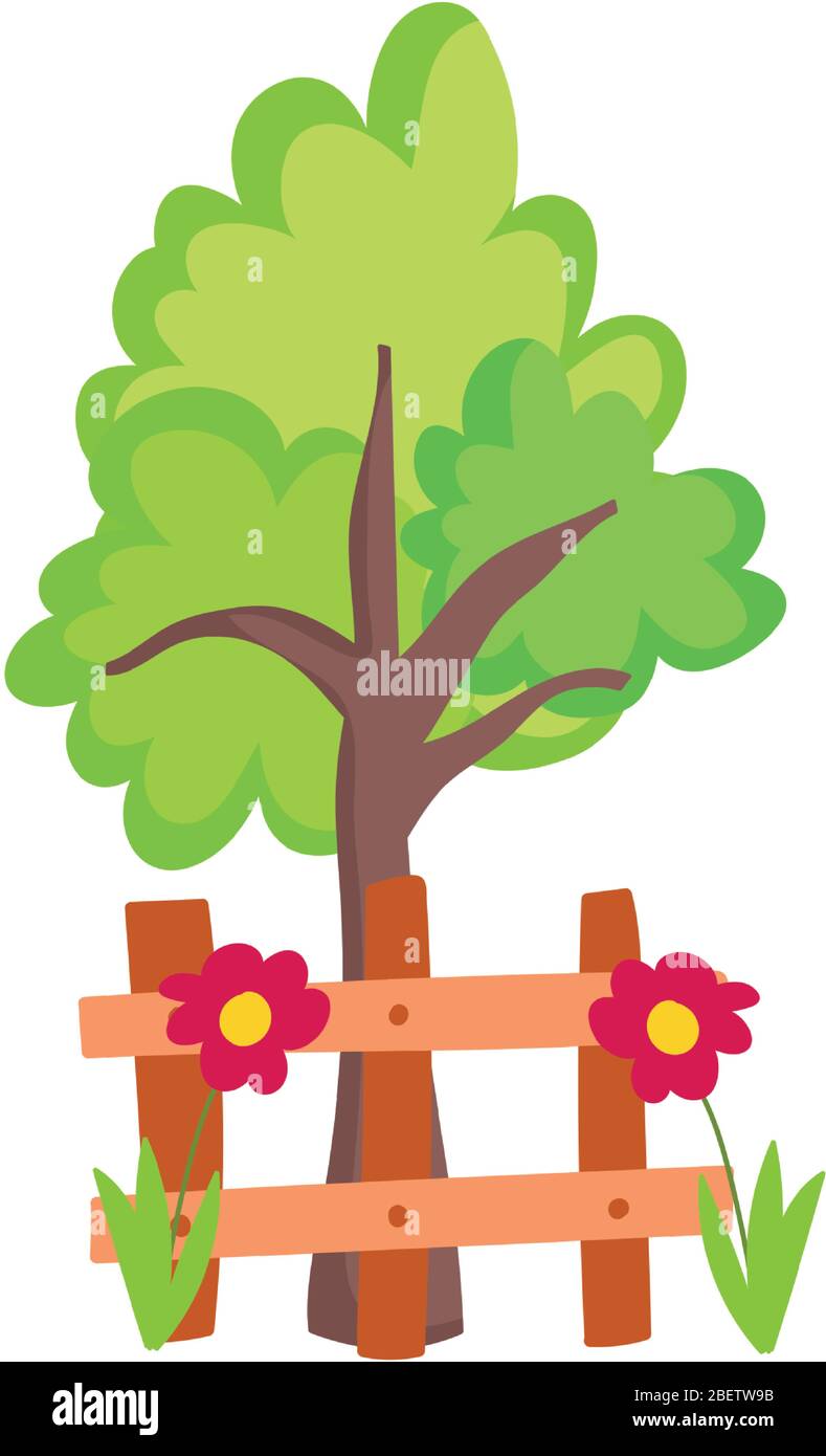 farm animals cartoon tree wooden fence flowers vector illustration ...