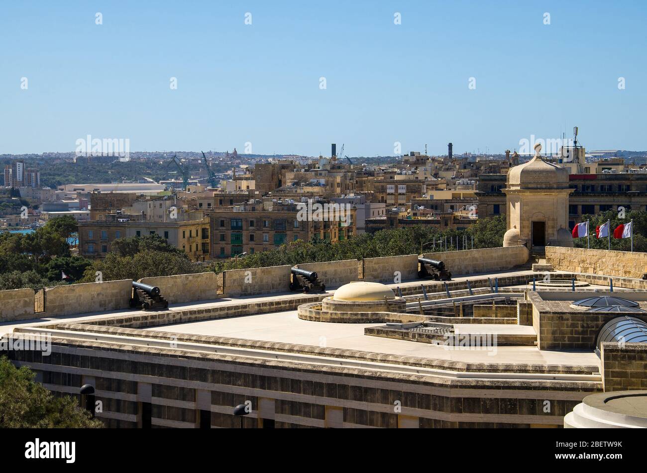 Cannons at the St. James Counterguard upper Barrakka gardens view to the port and Grand Harbor of Valletta, Malta Stock Photo